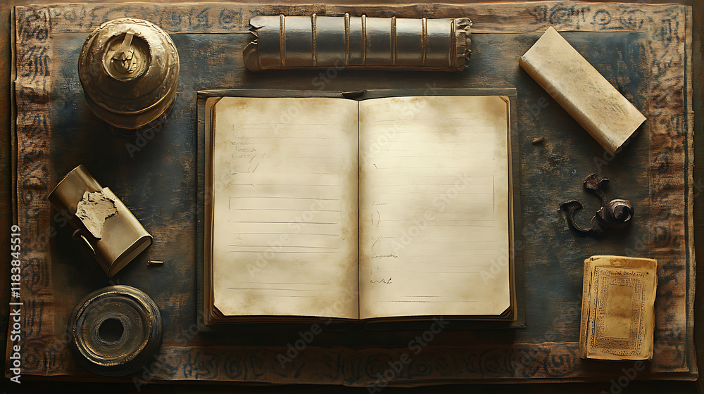 Poster A beautifully arranged concept of journaling, featuring a neatly opened notebook with blank pages ready for writing, serene and inviting atmosphere for personal reflection and creativity