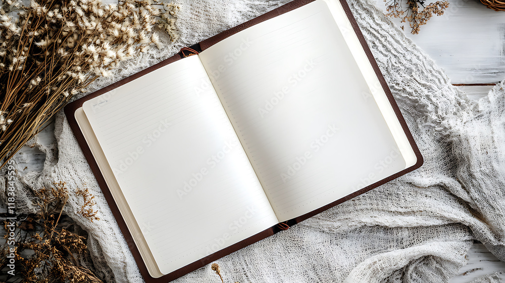 Leinwandbilder A beautifully designed journaling notebook lies open to a blank page, inviting creativity, the page is adorned with abstract decorative elements, adding an artistic touch to the notebook