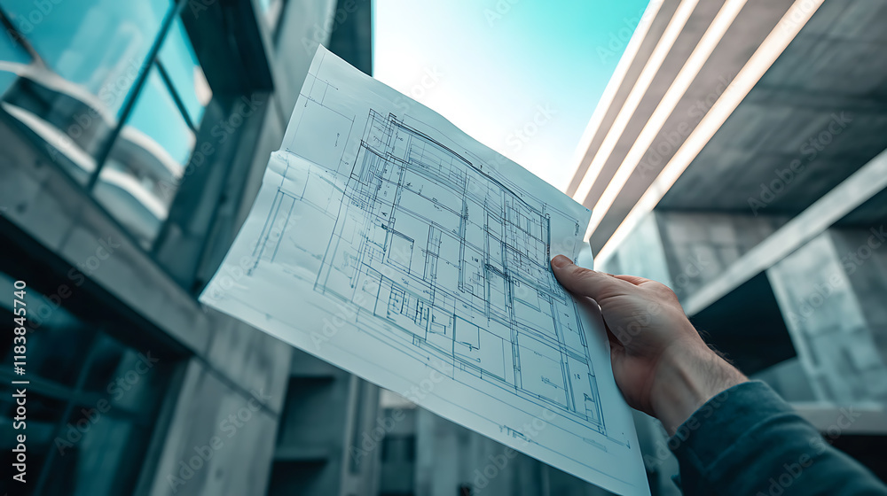 Poster A closeup image of a hand holding project blueprint, with an industrial concrete building space visible in the background, suggesting a construction or architectural project in progress