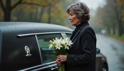 Mourning woman with flowers Mourning widow in black black funeral hearse Woman holding white lilies standing by a hearse on rainy day
