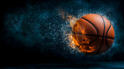 A burning basketball ball that is cut out and flying with flames