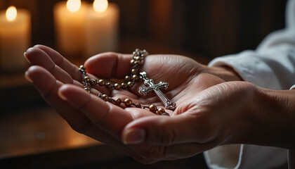 Hands holding small cross prayer hands on cross necklace Hands holding rosary with cross near candlelight