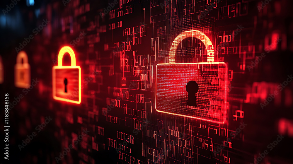 Poster A data breach or unauthorized access to sensitive information, abstract tech background screen elements symbolize the complex nature of cybersecurity and the threats in the digital world