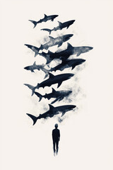 Silhouette of person observing sharks floating in monochrome surreal illustration