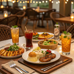 a dinner table with foods and soft drinks in a restaurant