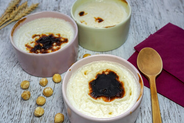 fırın sütlaç - baked rice pudding turkish milky dessert sutlac in casserole