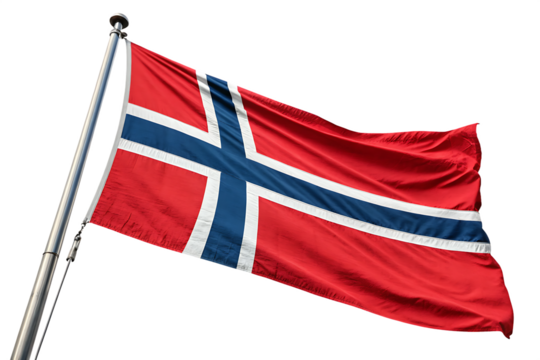 Norway flag waving on pole, Norwegian national flag with a blue cross outlined in white on a red background, waving on a metallic flagpole. 
