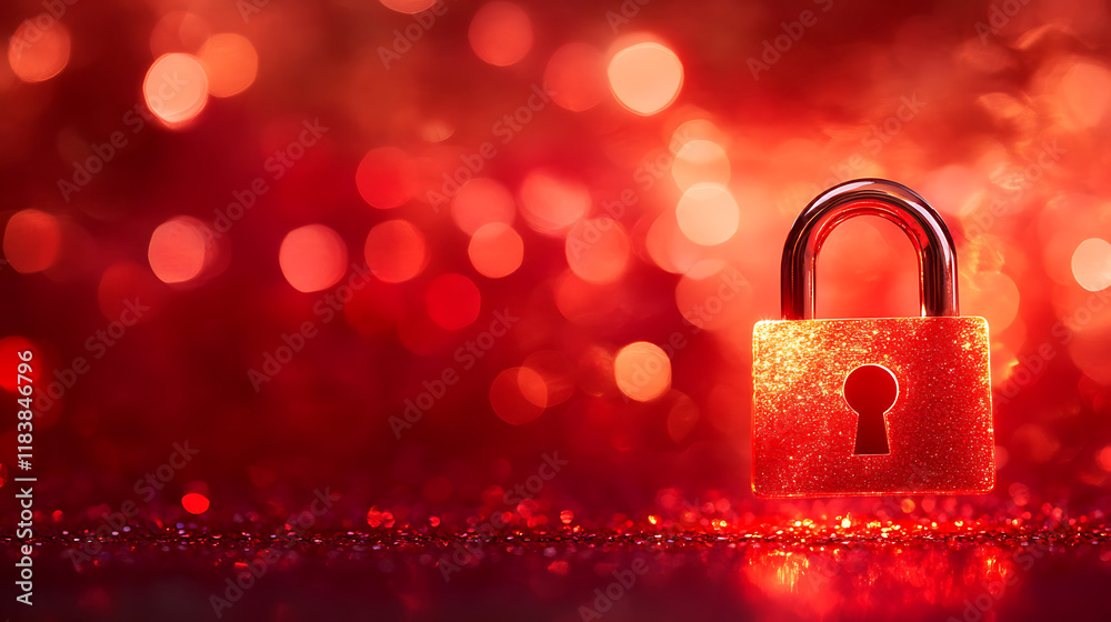 Poster A glowing digital padlock symbolizing cybersecurity, set against a dynamic red bokeh background, depicting the concept of digital security