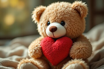 Obraz premium Cuddly teddy bear holding a fluffy red heart, gentle and affectionate, on a cozy blanket background, loving atmosphere