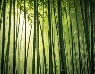 Fototapeta premium A dense bamboo forest with sunlight filtering through.