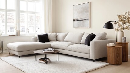 Fototapeta premium Stylish living room with beige sofa, wood tables, neutral decor, and large windows