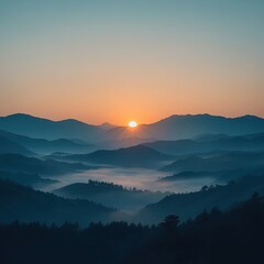 Serene Sunrise Over Mountain Range with Misty Valley Landscape