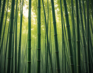 Fototapeta premium A dense bamboo forest with sunlight filtering through.