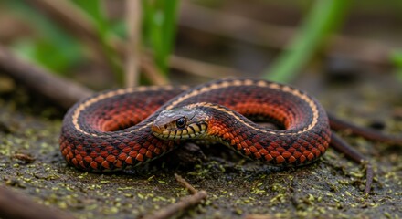Eastern Red Racer Snake Coiled on Damp Ground