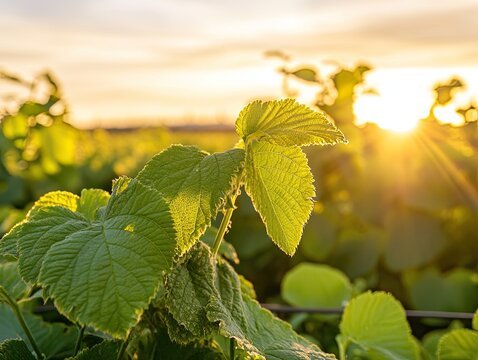 Sunset over a field of green raspberry leaves. Agricultural landscape photography for food or farming publications.
