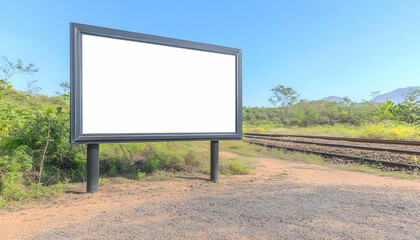 Blank billboard, rural train track, ad space