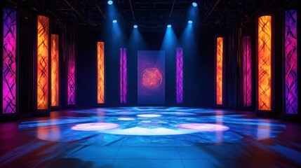 Obraz premium Illuminated stage with vibrant lighting and colorful pillars.