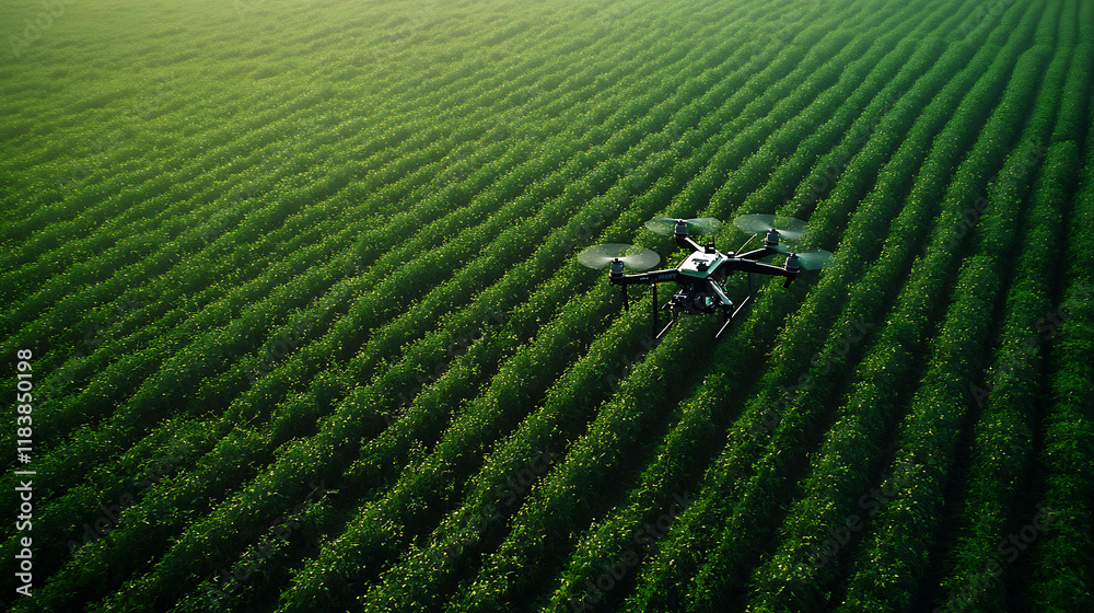 Poster agricultural drone flying over a lush green field, conducting precision farming with smart irrigatio