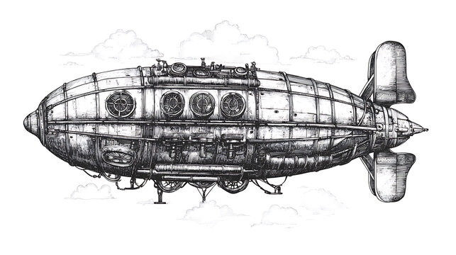 Airship in steampunk style sketch engraving raster illustration, scratch board imitation, black and white image