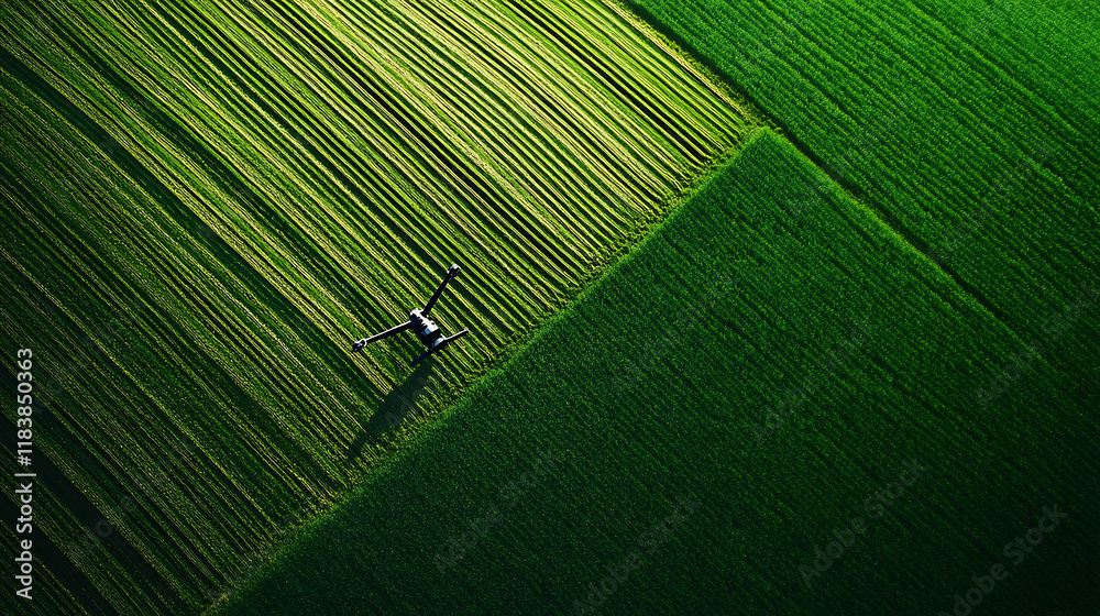 Poster agricultural drone flying over a lush green field, conducting precision farming with smart irrigatio