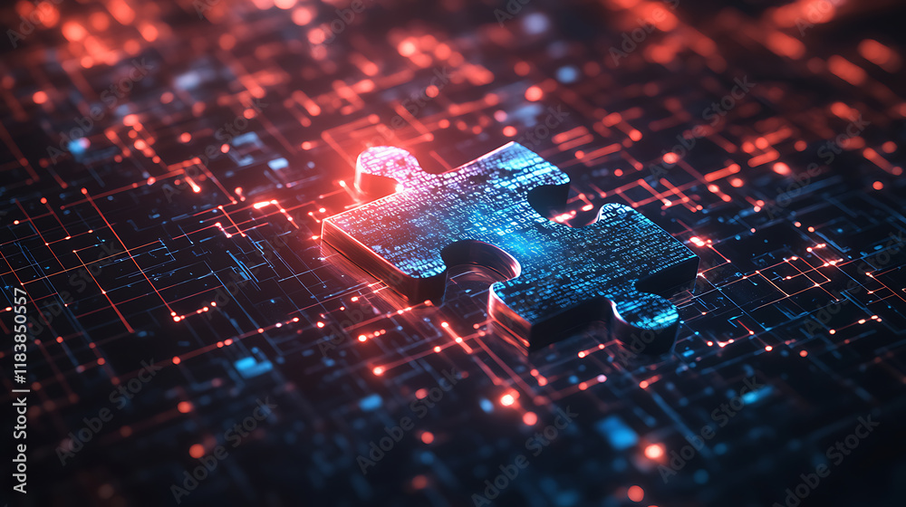 Poster An abstract technology-themed image showcasing a puzzle piece symbolizing api integration within a digital environment, suggesting connectivity and software development