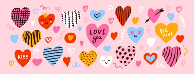 Gardinen Nahtloser herbst Cute set for Valentines day. Cartoon hearts in hand drawn style, cute phrases. Vector trend colorful illustration  © Vetriya