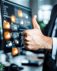 Fototapeta premium Vibrant Thumbs Up Gesture with Digital Notifications in Modern Workspace Setting