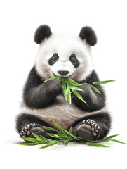 Fototapeta premium cute panda sits contentedly, munching on fresh bamboo leaves with serene expression.