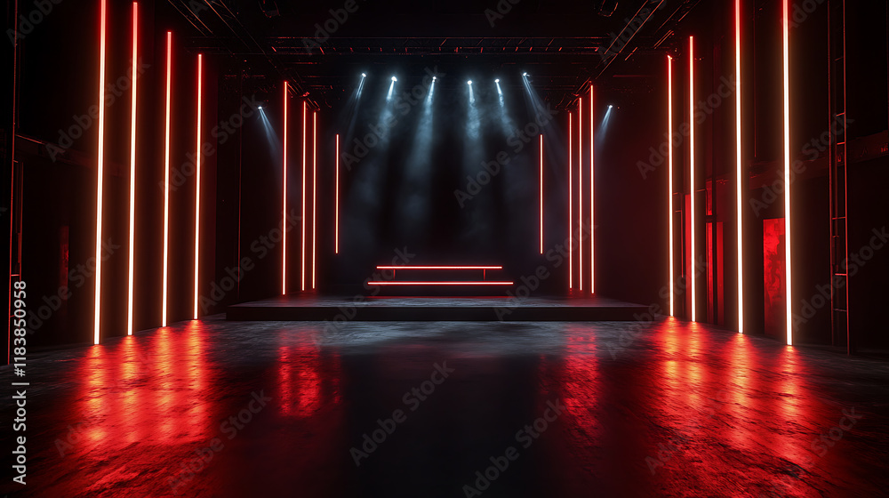 Fototapete an atmospheric empty stage set on a dark floor, illuminated by vibrant stage lights strategically pl