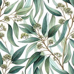 seamless pattern with eucaliptus flowers and leaves