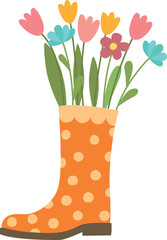 Polka dot rubber boot with a bouquet of flowers inside. Spring illustration with floral composition in shoe
