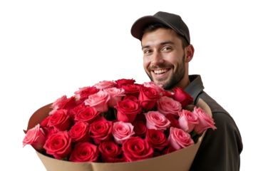 Smiling man in a cap holding a large bouquet of red and pink roses, isolated on transparent background, Flower delivery concept.