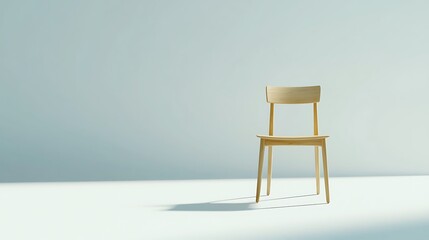 A wooden chair is sitting in front of a white wall