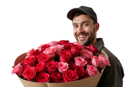 Smiling man in a cap holding a large bouquet of red and pink roses, isolated on transparent background, Flower delivery concept. - Powered by Adobe