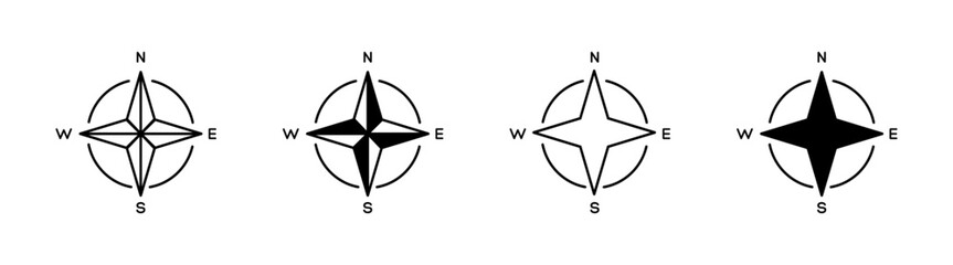 Compass icons. Navigation icons. Linear and silhouette style. Vector icons.