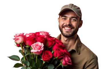 Man courier holding vibrant red and pink roses, isolated on transparent background. Concept of joy and romance