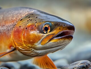 Close-up of a trout in river, shallow depth of field, rocks in background, for nature or fishing publications.