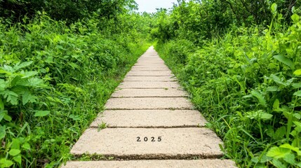 Obraz premium A photostock of a serene outdoor trail surrounded by greenery, with 