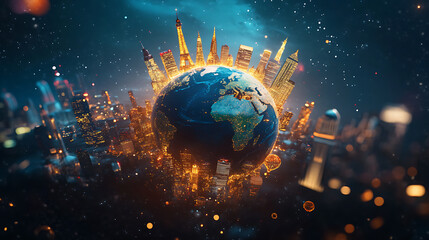 An inspiring concept image showcasing a globe surrounded by iconic international landmarks, symbolizing the opportunities and adventures of global education and studying abroad