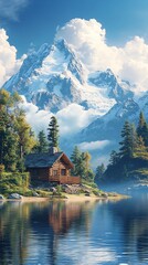 Fototapeta premium Serene Log Cabin by Tranquil Lake with Majestic Mountain Vista
