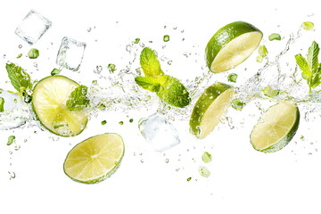 Water splash on white background with lime slices, mint leaves, and ice cubes as a concept for summertime libations -