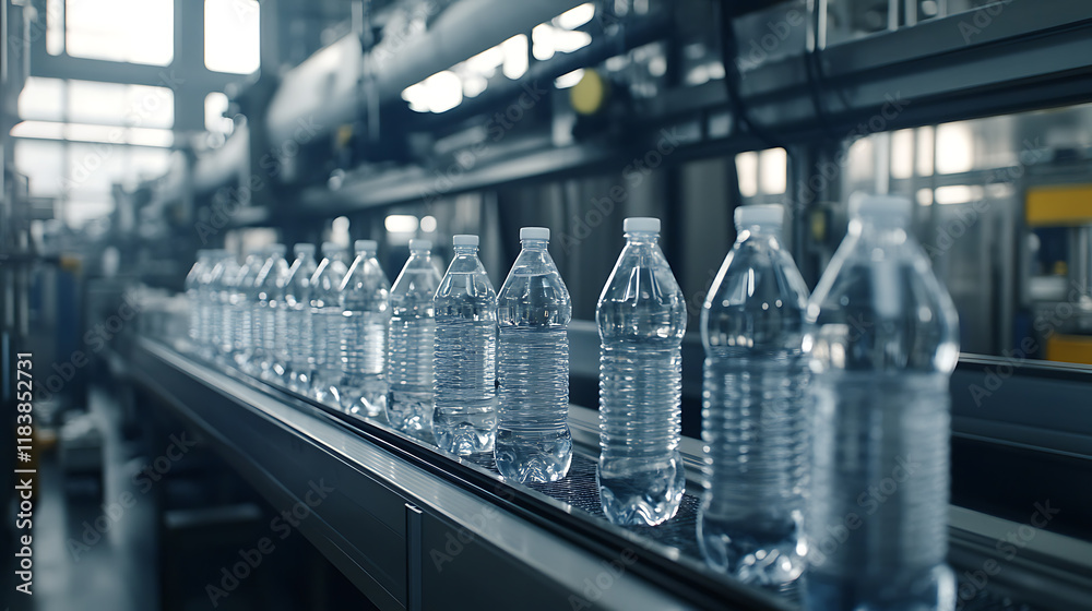 Poster automated production line with clear plastic drinking water bottles moving on a conveyor belt, with 