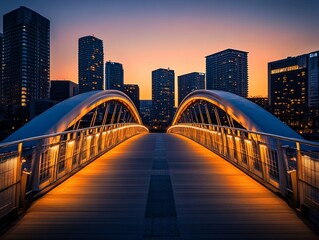 Obraz premium Modern illuminated bridge at dawn, city skyline backdrop.
