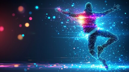 Futuristic Glowing Line Art of a Dancing Figure in Vibrant Digital Style