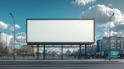 Fototapeta premium An empty billboard stands against a clear blue sky and urban backdrop, awaiting advertisement.