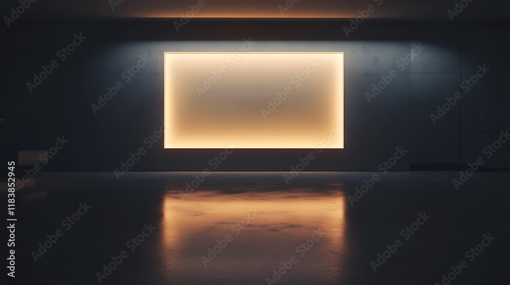 Poster backlit empty gallery panel in a darkened room, minimalist design concept