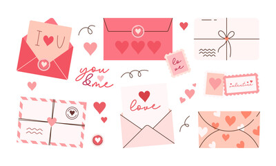 Set of Envelopes and Love Letter Stickers. Romantic Open and Closed Envelopes with Various Elements for Wedding and Valentine Day Decoration Flat Hand Drawn Illustration