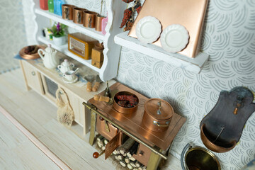 retro-style miniature dollhouse scale kitchen roombox with handcrafted furniture, dishes and utensils, miniature enthusiasts