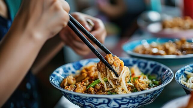 A close-up of a traditional Singapore street food dish being enjoyed at a hawker center.
