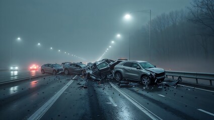 A foggy highway illuminated by streetlights shows a massive car pileup involving multiple vehicles. The damaged cars are scattered across wet asphalt, with debris and shattered parts visible.